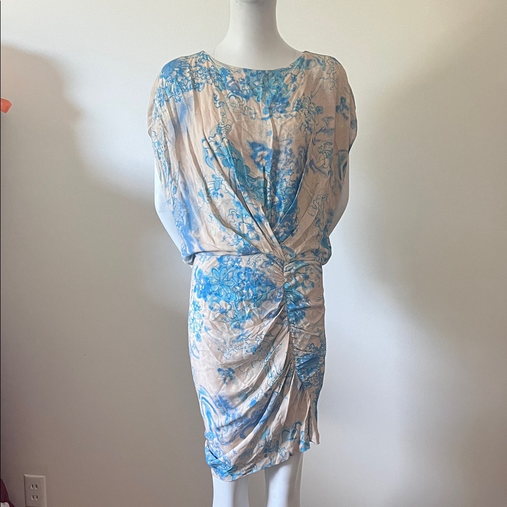 Thakoon Beige Blue Floral Print Draped Ruched Viscose Silk Dress